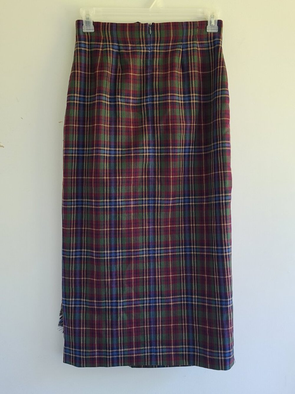 Vintage Faux Wrap Skirt 10 Wst 27.5" Brown Green Plaid 100% Wool Midi FLAWS - Picture 5 of 14